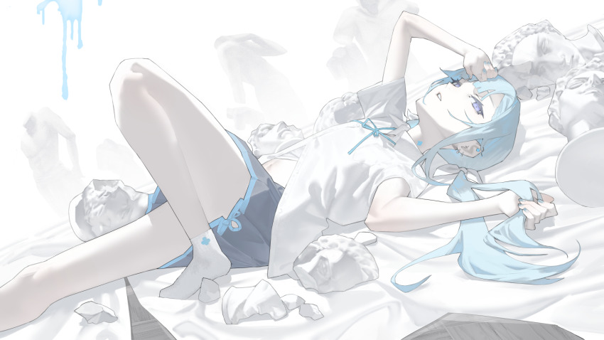 1boy amane_louis bed_sheet black_skirt blue_eyes blue_hair blue_ribbon broken bust_(sculpture) commentary_request crossdressing crossdressing_(mtf) dutch_angle ear_piercing expressionless foot_out_of_frame from_side hair_spread_out hand_on_forehead highres holding holding_own_hair knee_up long_hair looking_at_viewer looking_to_the_side low_twintails lying male_focus marble_(stone) mi8pq navel neck_ribbon on_back paint_splatter parted_lips partially_unbuttoned piercing pleated_skirt purple_eyes ribbon shirt short_sleeves skirt socks solo stomach trap twintails utau white_background white_shirt white_socks