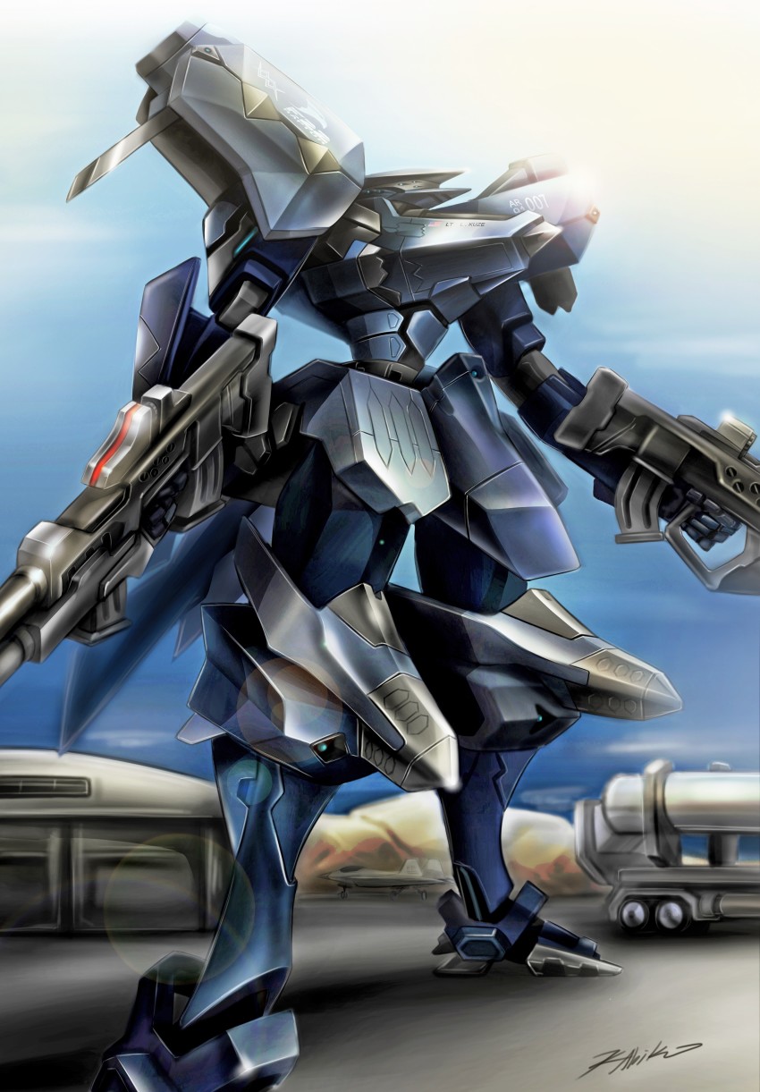 absurdres aircraft airplane american_flag bad_id bad_pixiv_id blue_eyes dual_wielding extra_eyes f-22_raptor f-22a_raptor_(muv-luv) fighter_jet gun highres holding holding_gun holding_weapon lens_flare looking_up mecha military military_vehicle missile moonshine_pizza muv-luv muv-luv_alternative muv-luv_total_eclipse name_connection no_humans robot science_fiction signature solo tactical_surface_fighter weapon