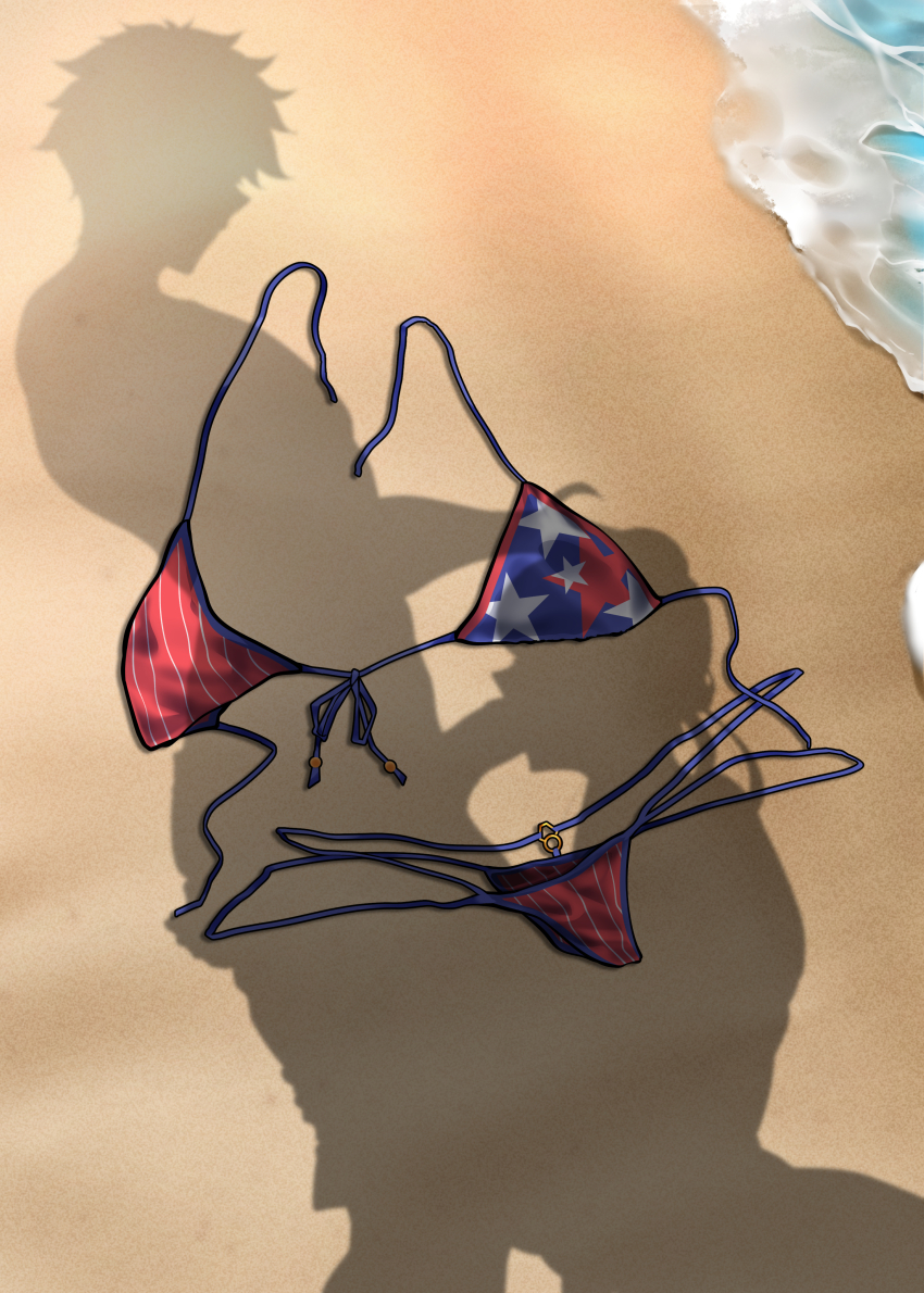 1boy 1girl absurdres ahoge american_flag american_flag_print bikini clothes_pull commentary dressed_shadow_(meme) english_commentary fate/grand_order fate_(series) fellatio flag_print fujimaru_ritsuka_(male) hand_on_another&#039;s_head highres implied_nudity long_hair meme miyamoto_musashi_(fate) miyamoto_musashi_(fate/grand_order) miyamoto_musashi_(swimsuit_berserker)_(fate) miyamoto_musashi_(swimsuit_berserker)_(first_ascension)_(fate) ocean oral owner1657 paid_reward_available pants pants_pull penis sand short_hair squatting standing standing_fellatio swimsuit unworn_bikini_bottom unworn_bikini_top