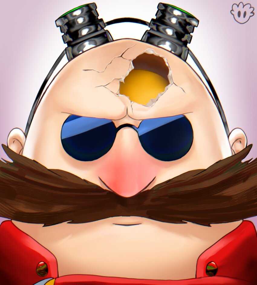 1boy absurdres bald commentary crack devovas dr._eggman egg_yolk facial_hair goggles goggles_on_head highres male_focus mustache photo-referenced portrait pun signature solo sonic_(series) sunglasses too_literal