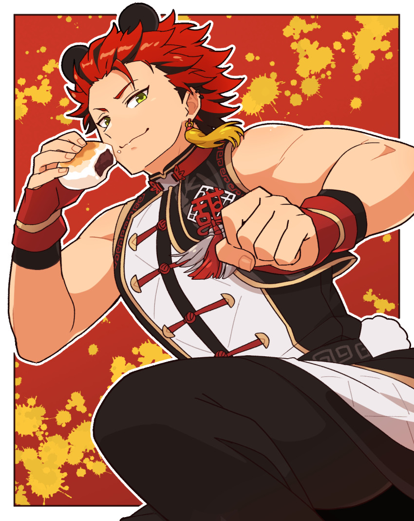 1boy alternate_costume animal_ears aopanda steamed_bun black_hair black_pants chinese_clothes clenched_hand closed_mouth ear_piercing earrings eating ensemble_stars! fake_animal_ears fake_tail fingerless_gloves food food_on_face gloves green_eyes highres holding holding_food idol idol_clothes jewelry kiryu_kuro looking_at_viewer male_focus multicolored_hair paint_splatter panda_ears panda_tail pants piercing red_gloves red_hair short_hair simple_background sleeveless smile solo streaked_hair tail tangzhuang two-tone_hair