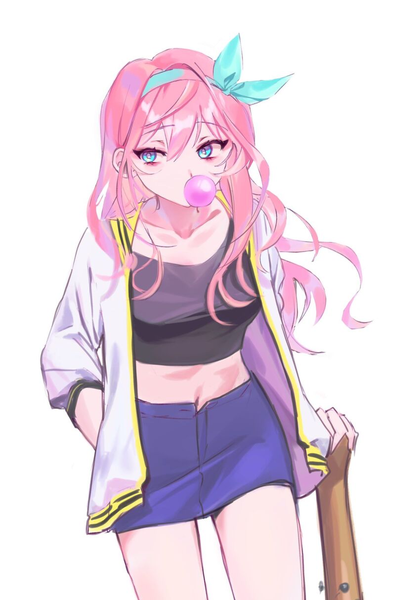 1girl aqua_eyes aqua_hairband arm_support aubrey_(faraway)_(omori) aubrey_(omori) baseball_bat black_shirt blue_skirt bow_hairband bright_pupils bubble chewing_gum collarbone commentary_request cowboy_shot denim denim_skirt hair_over_shoulder hairband hand_in_pocket highres jacket kirakira_brey korean_commentary long_hair long_sleeves looking_at_viewer midriff miniskirt nail nail_(hardware) nail_bat navel omori open_clothes open_jacket pink_hair sailor_collar shirt simple_background skirt solo standing white_background white_jacket white_pupils yellow_sailor_collar