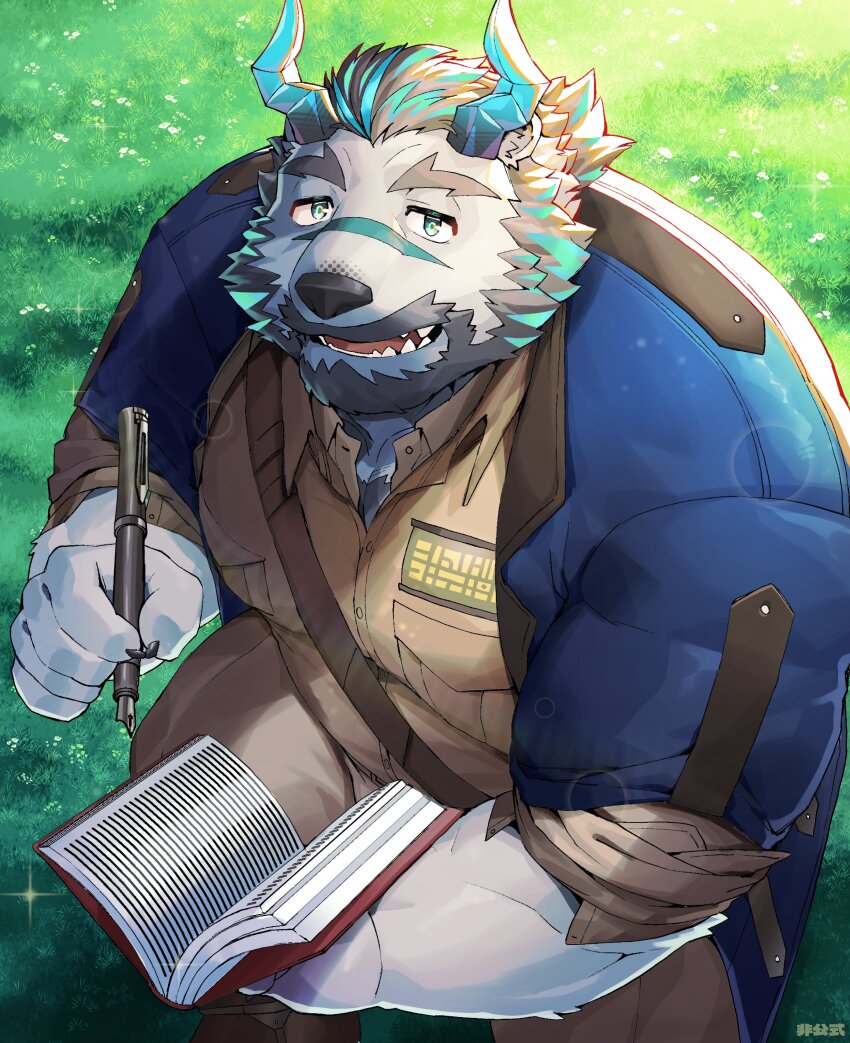 1boy absurdres bag bara bear beard blue_coat blue_eyes blue_streaks book brown_pants brown_shirt chest_hair claws coat collared_shirt crystal_horns facial_hair furry grass grey_fur grey_hair highres holding holding_book holding_pen horns large_pectorals lens_flare light_smile live_a_hero male_focus muscular muscular_male mustache open_mouth pants pectorals pen satchel scar scar_on_face seikeikei2015 shirt sitting strap thick_eyebrows valoray_(live_a_hero)
