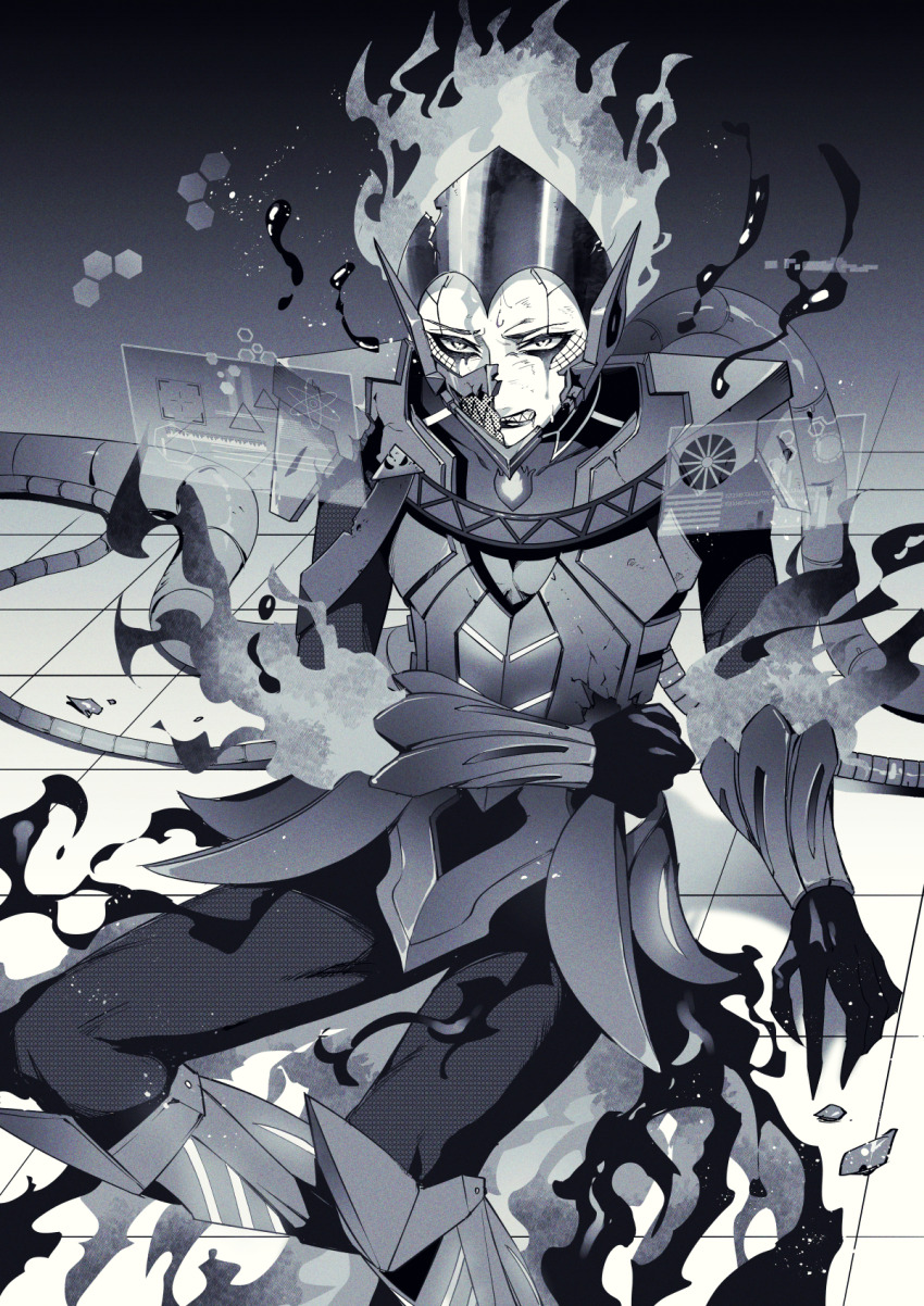 1boy arm_support armor armored_boots atom boots breastplate broken_armor broken_mask cable checkered_floor clenched_teeth dashi_(minzoku_gb) fiery_hair film_grain fire furrowed_brow glowing hand_on_own_hip headgear hexagon highres hologram holographic_interface holographic_touchscreen idia_shroud injury ink light_particles looking_at_viewer makeup male_focus mask monochrome on_floor overblot pants runny_makeup sharp_teeth short_hair solo sweat teeth twisted_wonderland vambraces