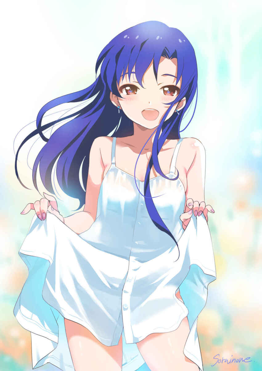 1girl :d bare_shoulders blue_hair blush brown_eyes dress earrings flat_chest highres idolmaster idolmaster_(classic) inoue_sora jewelry kisaragi_chihaya long_hair looking_at_viewer open_mouth revision signature skirt_hold smile solo sundress white_dress