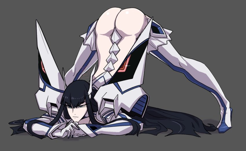1girl ass back bent_over black_hair blue_eyes boots breasts cleavage closed_mouth clothes_pull gloves hanging_breasts high_heels jack-o&#039;_challenge junketsu kamui_(kill_la_kill) kamuify kill_la_kill kiryuuin_satsuki long_hair long_sleeves meme miniskirt panties sidelocks simple_background skirt skirt_pull solo spread_legs staring thick_eyebrows thigh_boots thighhighs top-down_bottom-up underwear very_long_hair wide_spread_legs