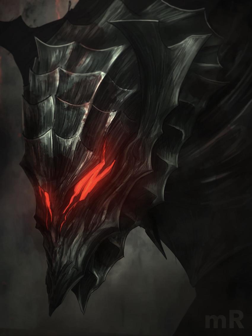 1boy absurdres armor artist_logo berserk berserker_armor black_armor black_cloak cloak facing_viewer glowing glowing_eyes guts_(berserk) helmet highres logo mark_reymer solo
