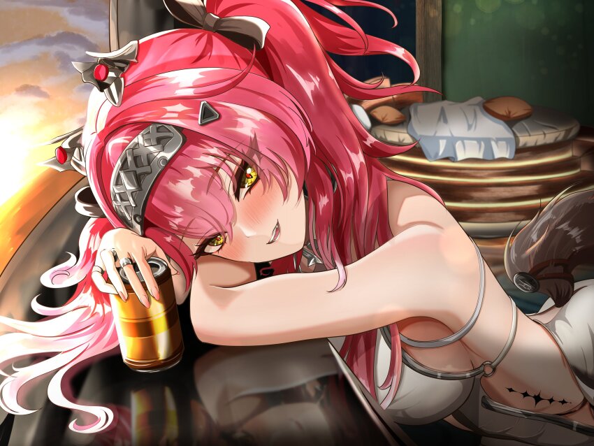 1girl absurdres bare_shoulders black_bow blush bow breasts bunchosan_dayo can commentary_request drink_can drunk fingernails hair_bow hair_ornament hairband highres holding holding_can jewelry long_hair looking_at_viewer lupa_(wuthering_waves) medium_breasts metal_hairband multiple_rings red_hair red_pupils ring smil solo tacet_mark_(wuthering_waves) tail wolf_tail wuthering_waves yellow_eyes