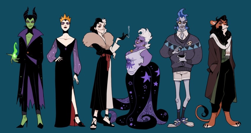 101_dalmatians 2boys 4girls breasts cleavage colored_skin company_connection cruella_de_vil disney earrings hercules_(1997_film) jewelry juanmao lion_boy long_hair maleficent multiple_boys multiple_girls purple_skin queen_grimhilde scar_(the_lion_king) short_hair sleeping_beauty smile snow_white_and_the_seven_dwarfs solo tentacles the_lion_king the_little_mermaid_(disney) ursula_(disney) white_hair