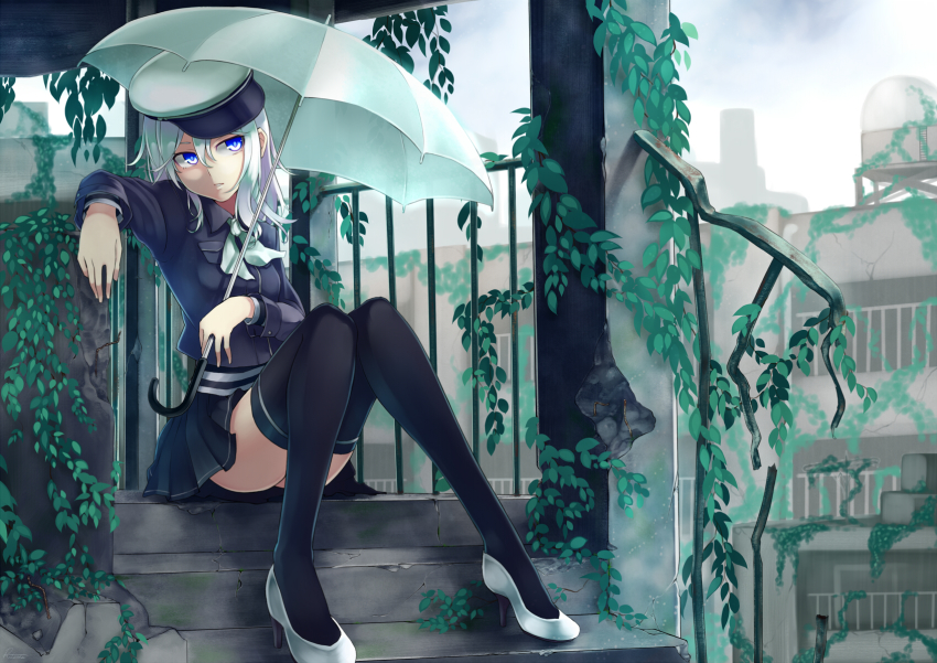 1girl ama_no_jaku_(vocaloid) black_thighhighs blue_eyes female_focus green_hair gumi hair_between_eyes hat high_heels highres jack_amano retsuna shoes sitting solo thighhighs umbrella vocaloid