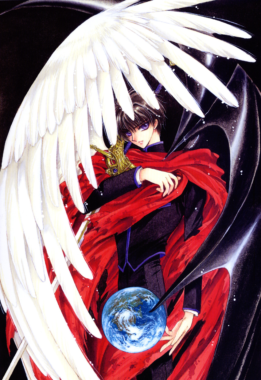 1boy absurdres angel_wings arm_across_chest black_hair clamp cloak closed_mouth demon_wings earth_(planet) highres light_particles long_sleeves looking_at_viewer male_focus official_art purple_eyes red_cloak shirou_kamui short_hair solo sword traditional_media uniform weapon wings x_(manga)