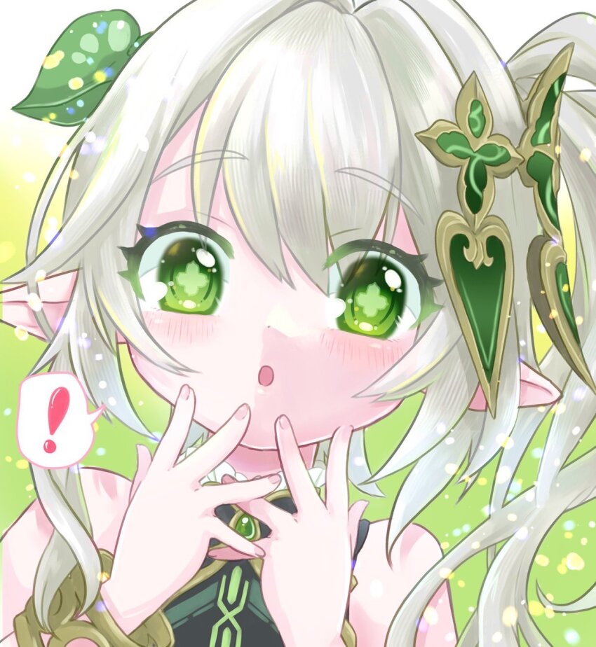 ! 1girl :o bare_shoulders blush bracelet commentary_request fingernails gem genshin_impact gold_trim green_eyes green_gemstone hair_between_eyes hair_ornament hands_up highres jewelry leaf_hair_ornament long_hair looking_at_viewer nahida_(genshin_impact) pointy_ears side_ponytail sleeveless solo spoken_exclamation_mark symbol-shaped_pupils tottotat upper_body white_hair