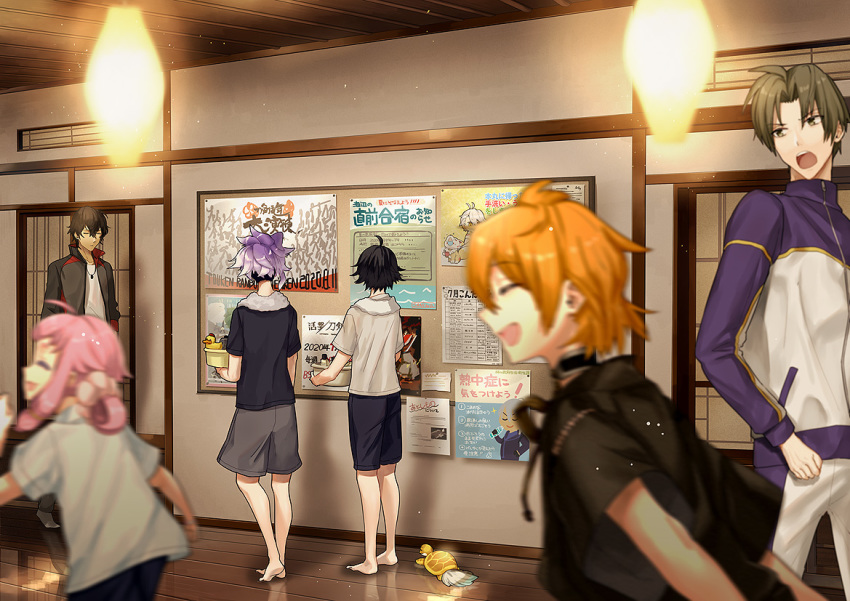 6+boys ahoge barefoot black_hair blurry blurry_foreground brown_hair bucket bulletin_board chatan_nakiri closed_eyes hair_bun heshikiri_hasebe houhou_(black_lack) japanese_clothes kamekichi male_focus minamoto_kiyomaro multiple_boys ookurikara open_mouth orange_hair pink_hair poster_(object) purple_eyes purple_hair rubber_duck running shirt shorts single_hair_bun slice_of_life sliding_doors smile suishinshi_masahide t-shirt touken_ranbu towel towel_around_neck track_suit translation_request turtle urashima_kotetsu