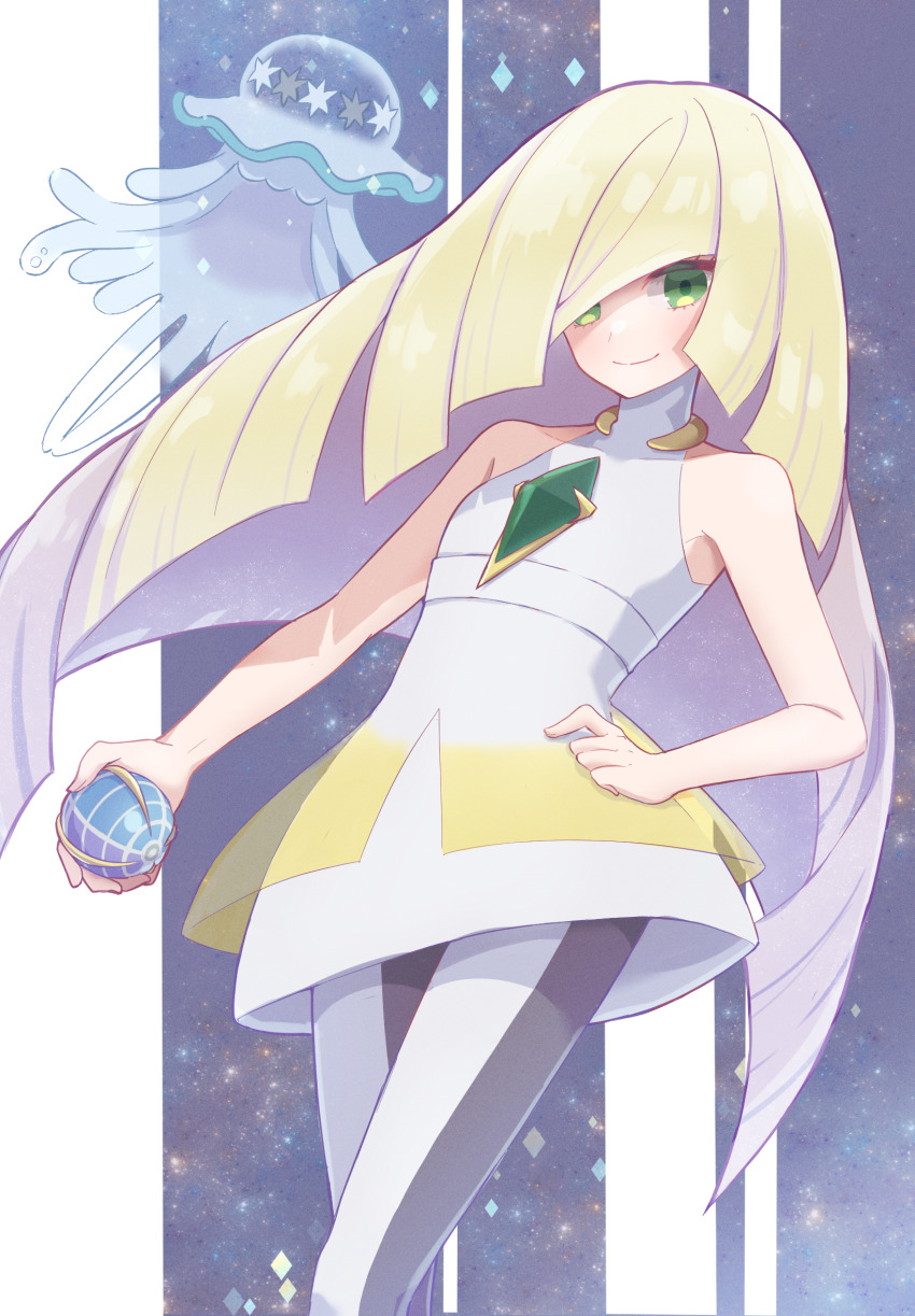 025sakura393 1girl bare_arms beast_ball blonde_hair closed_mouth commentary_request dress gem gen_7_pokemon green_eyes green_gemstone hand_on_own_hip highres holding holding_poke_ball leggings long_hair looking_at_viewer lusamine_(pokemon) nihilego nintendo poke_ball pokemon pokemon_(creature) pokemon_sm sleeveless sleeveless_dress smile ultra_beast white_dress white_leggings