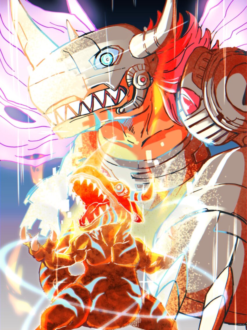 absurdres blue_eyes cyborg digimon digimon_(creature) dinosaur evolutionary_line glowing glowing_eyes greymon helmet highres mechanical_arms megane_mochi metalgreymon no_humans open_mouth red_hair single_mechanical_arm torn_wings wings