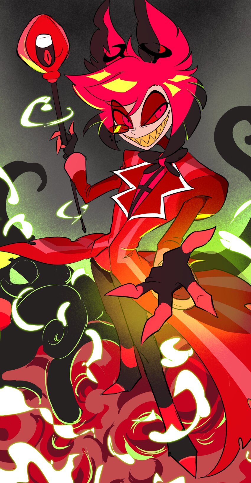 1boy absurdres alastor_(hazbin_hotel) animal_ears antlers black_background black_hair bow bowtie coat colored_sclera colored_tips commentary_request deer_antlers deer_boy deer_ears full_body gloves grin hazbin_hotel highres holding holding_staff horns long_sleeves looking_at_viewer male_focus multicolored_hair reaching reaching_towards_viewer red_coat red_eyes red_hair red_sclera sharp_teeth shima_(wansyon144) smile solo staff standing teeth tentacles yellow_teeth