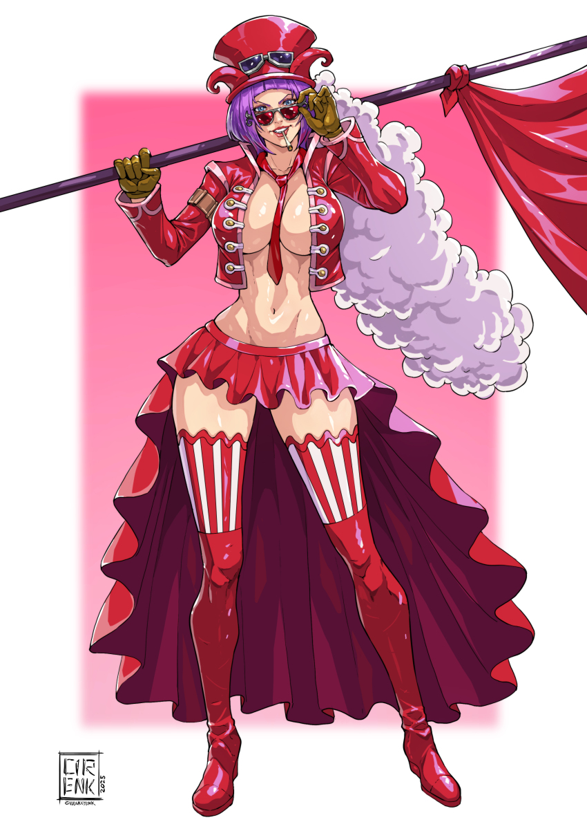1girl absurdres belo_betty between_breasts blue_eyes breasts cigarette cirenk curvy female_focus flag full_body gloves hat highres large_breasts looking_at_viewer navel necktie no_bra one_piece purple_hair short_hair simple_background solo sunglasses thick_thighs thighhighs thighs wide_hips