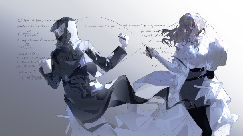 1girl 1other absurdres arknights black_coat brown_eyes brown_hair coat doctor_(arknights) entropiasands from_behind half-closed_eyes highres holding holding_paper holding_pencil infinity_symbol math paper pencil priestess_(arknights) skirt smile standing white_coat white_hair wind wind_lift writing