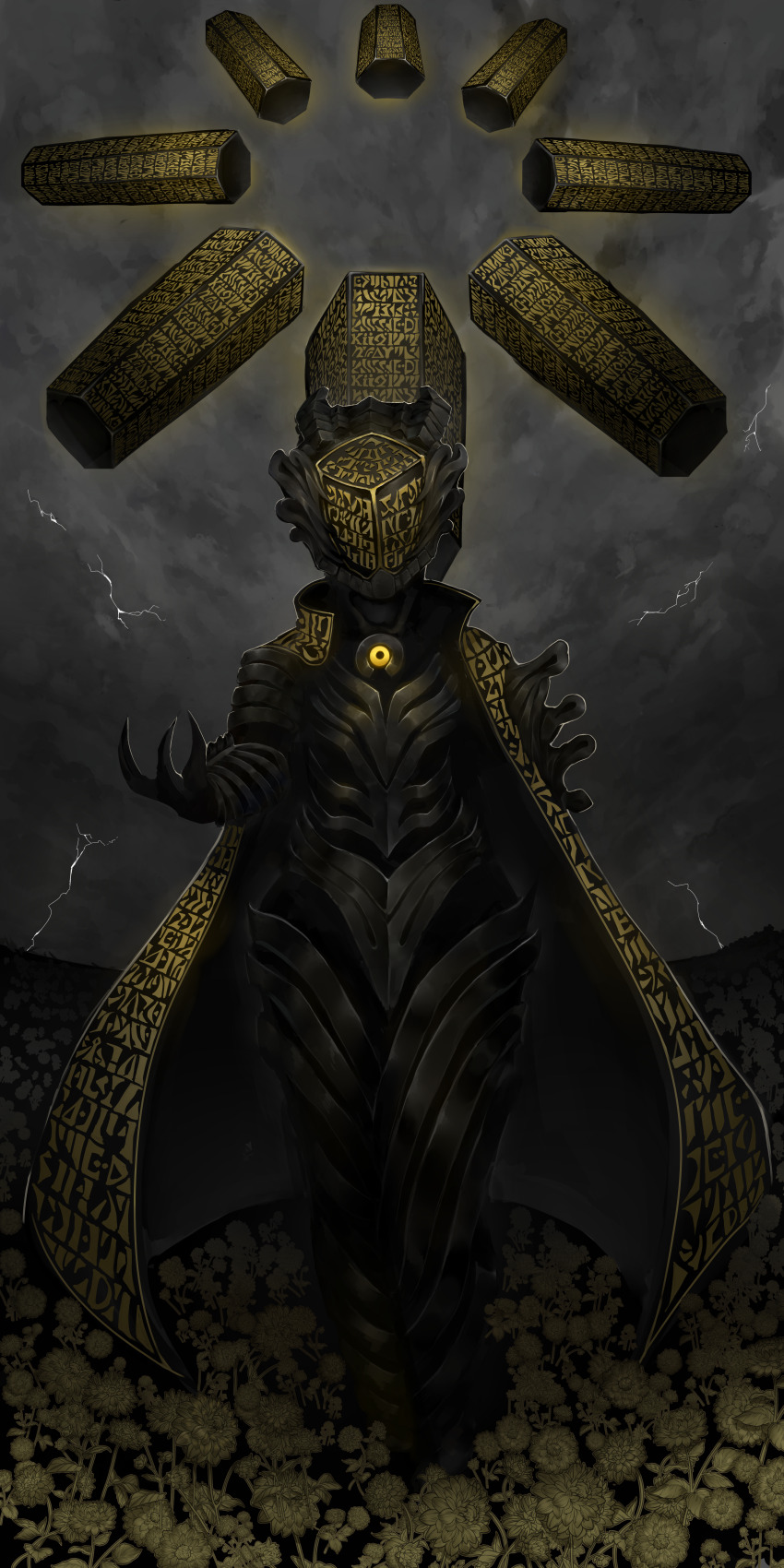 1girl absurdres armor binah_(project_moon) black_armor black_helmet cape cloud cloudy_sky facing_viewer field flower flower_field full_armor gem helmet highres lobotomy_corporation lubban pillar project_moon sky solo storm thunder yellow_cape yellow_flower yellow_gemstone