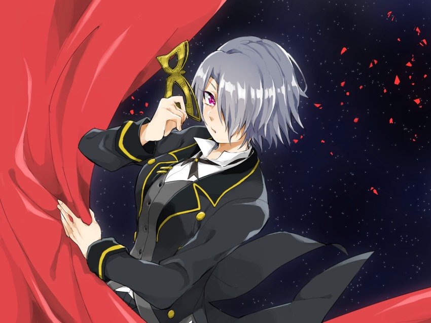 1girl curtains female_focus formal_clothes grey_hair hair_over_one_eye highres isabella_(love_live!) love_live! love_live!_school_idol_festival mask pink_eyes short_hair solo star_(sky) suit tori_(game28) unworn_mask upper_body