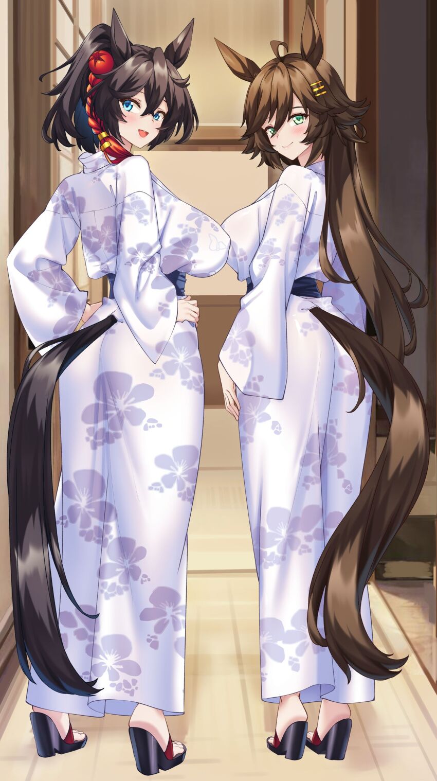 2girls absurdres alternate_costume animal_ears ass black_hair blue_eyes blush breasts brown_hair closed_mouth clothing_cutout commentary_request commission from_behind full_body green_eyes hair_ornament hairclip hands_on_own_hips highres horse_ears horse_girl horse_tail indoors japanese_clothes katsuragi_ace_(umamusume) kimono large_breasts long_hair long_sleeves mr._c.b._(umamusume) multicolored_hair multiple_girls obi open_mouth ponytail sandals sash shirokuma_a skeb_commission smile streaked_hair tail tail_through_clothes tassel umamusume white_hair wide_sleeves wooden_floor yukata