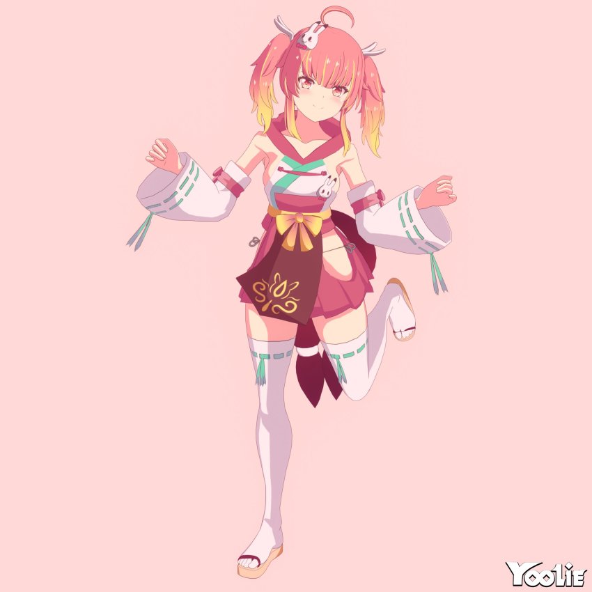 1girl 3d ahoge artist_name blonde_hair blush bow breasts commentary detached_sleeves english_commentary gradient_hair hair_ornament highres indie_virtual_youtuber japanese_clothes leg_up looking_at_viewer medium_breasts miko multicolored_hair obi official_art rabbit_hair_ornament red_eyes red_skirt sandals sash skirt smile solo thighhighs twintails virtual_youtuber yellow_bow yoolie yuikai_(vtuber)