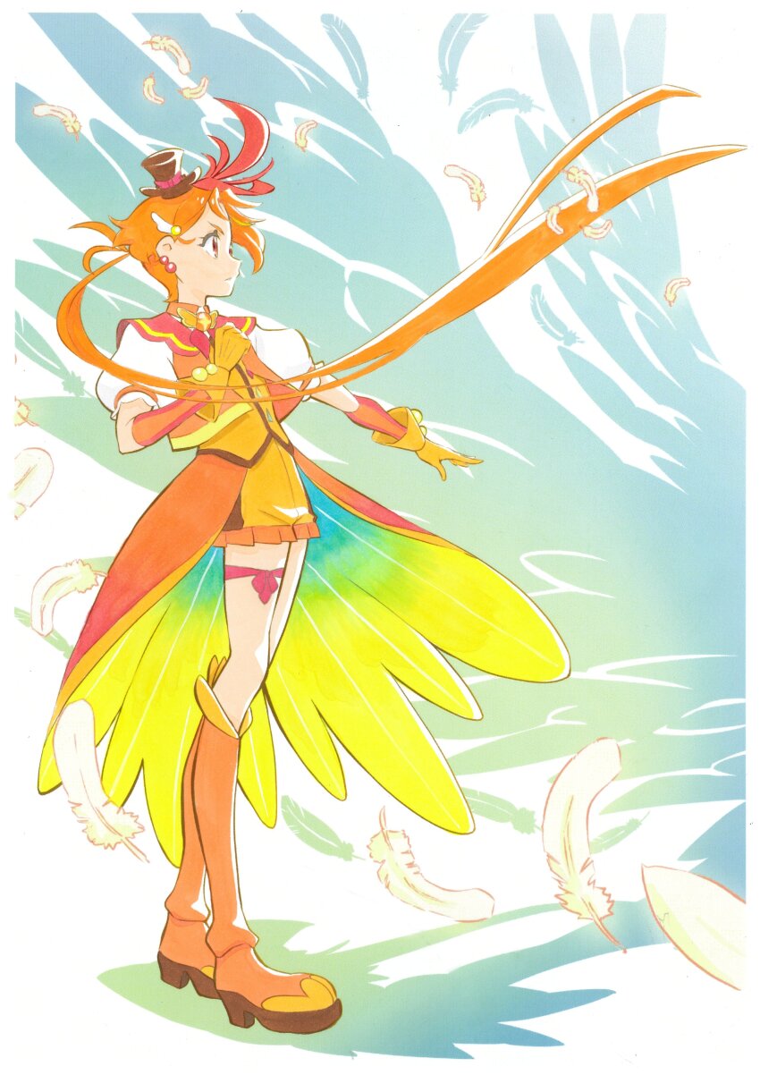 1boy absurdres black_hat boots brooch closed_mouth coattails commentary cure_wing feathers frown full_body gloves hair_ornament hat highres hirogaru_sky!_precure itaoka1 jacket jewelry knee_boots layered_gloves leg_ribbon long_hair looking_to_the_side low_ponytail magical_boy male_focus mini_hat mini_top_hat orange_boots orange_gloves orange_hair orange_jacket orange_vest ponytail precure puffy_short_sleeves puffy_sleeves red_eyes red_ribbon ribbon short_sleeves solo top_hat very_long_hair vest white_feathers wing_brooch wings yuunagi_tsubasa