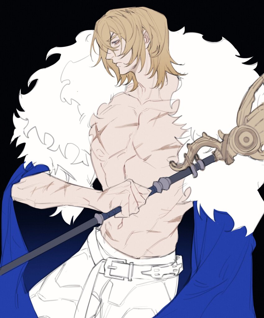 1boy abs areadbhar_(fire_emblem) bare_pectorals belt belt_buckle black_background blonde_hair blue_cape blue_eyes buckle cape closed_mouth collarbone cowboy_shot dimitri_alexandre_blaiddyd dimitri_alexandre_blaiddyd_(timeskip) eyepatch fire_emblem fire_emblem:_three_houses highres holding holding_polearm holding_weapon kkim52 male_focus nintendo nipples ornate_weapon pants pectorals polearm profile scar scar_on_arm scar_on_chest simple_background solo unfinished weapon white_fur