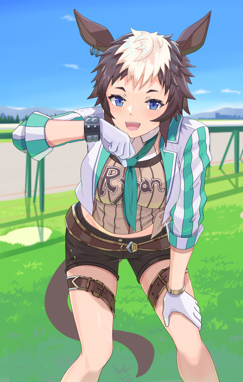 1girl :d absurdres animal_ears aqua_necktie aqua_sleeves belt black_shorts blue_eyes blue_sky bracelet breasts brown_belt brown_hair brown_shirt clothes_writing cloud collared_shirt commentary_request cowboy_shot day ear_ornament ear_piercing gloves groin hair_between_eyes highres horse_ears horse_girl horse_tail jacket jewelry large_breasts leaning_forward looking_at_viewer madori_(madori151) mejiro_ryan_(umamusume) midriff multicolored_hair necktie open_clothes open_jacket open_mouth outdoors piercing racetrack shadow shirt short_hair short_shorts shorts sidelocks sky smile solo standing sweat tail teeth thigh_belt thigh_strap tied_shirt two-tone_hair umamusume upper_teeth_only white_gloves white_hair white_jacket