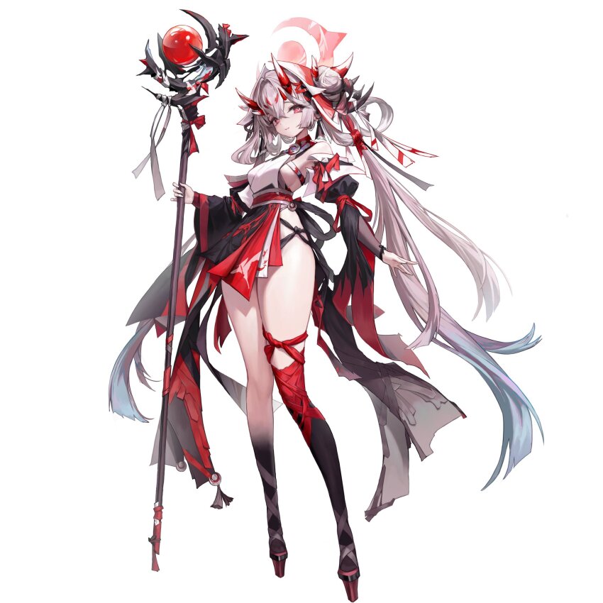 1girl asymmetrical_legwear bare_shoulders breasts closed_mouth detached_sleeves double_bun full_body geta gonduming gradient_hair gradient_legwear grey_hair hair_bun hair_ornament halo highres holding holding_staff horns japanese_clothes long_hair long_sleeves looking_at_viewer medium_breasts multicolored_hair multiple_horns obi okobo original pelvic_curtain platform_sandals red_eyes red_horns red_thighhighs sandals sash sideboob simple_background single_thighhigh smile solo staff standing tachi-e thighhighs thighs transparent_background twintails very_long_hair white_background white_hair wide_sleeves