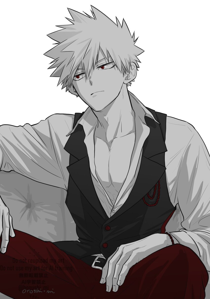 1boy absurdres alternate_costume bakugou_katsuki boku_no_hero_academia closed_mouth commentary fingernails greyscale highres long_sleeves looking_to_the_side male_focus monochrome open_clothes open_shirt oroshi_mi pants pectoral_cleavage pectorals red_eyes red_pants short_hair simple_background sitting solo spot_color symbol-only_commentary white_background