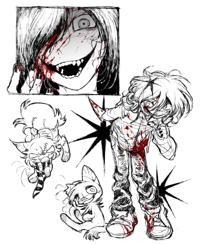 1boy absurdres animalization blood blood_on_clothes blood_on_face bloody_weapon cat chinese_commentary commentary_request creepypasta glasgow_smile greyscale grin hair_between_eyes highres jeff_the_killer long_sleeves male_focus medium_hair monochrome multiple_views open_mouth pants shoes skirt smile sneakers weapon xiboliya_suanxing_shengwu
