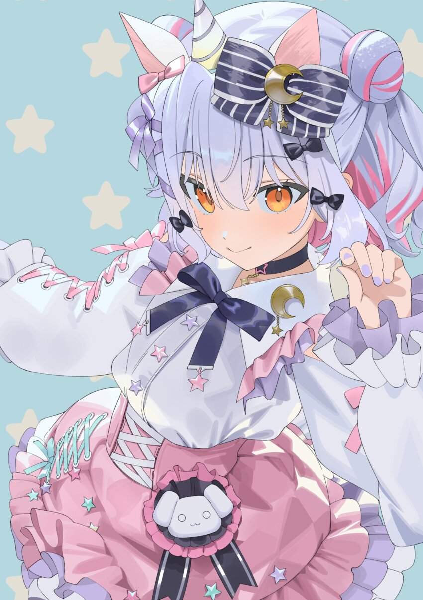 1boy animal_ears black_ribbon blue_background blue_hair blue_nails bow brown_eyes choker colored_inner_hair commission crescent_brooch cross-laced_clothes cross-laced_sleeves crossdressing crossdressing_(mtf) double_bun fake_animal_ears hair_bow hair_bun high-waist_skirt highres horse_ears inuyama_tamaki koyo2023 long_sleeves looking_at_viewer male_focus medium_hair multicolored_hair multiple_hair_bows nail_polish noripro pink_skirt puffy_long_sleeves puffy_sleeves ribbon shirt skeb_commission skirt smile solo star_(symbol) trap two_side_up unicorn_horn virtual_youtuber white_shirt