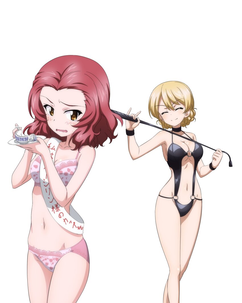 2girls absurdres black_choker black_slingshot_swimsuit blonde_hair blush bra braid breasts broken_cup choker cleavage closed_eyes closed_mouth cup darjeeling_(girls_und_panzer) girls_und_panzer highres holding holding_cup key_(gaigaigai123) large_breasts lingerie multiple_girls navel open_mouth panties pink_bra pink_panties red_hair riding_crop rosehip_(girls_und_panzer) sash short_hair simple_background slingshot_swimsuit smile swimsuit teacup tears underwear wavy_mouth white_background yellow_eyes