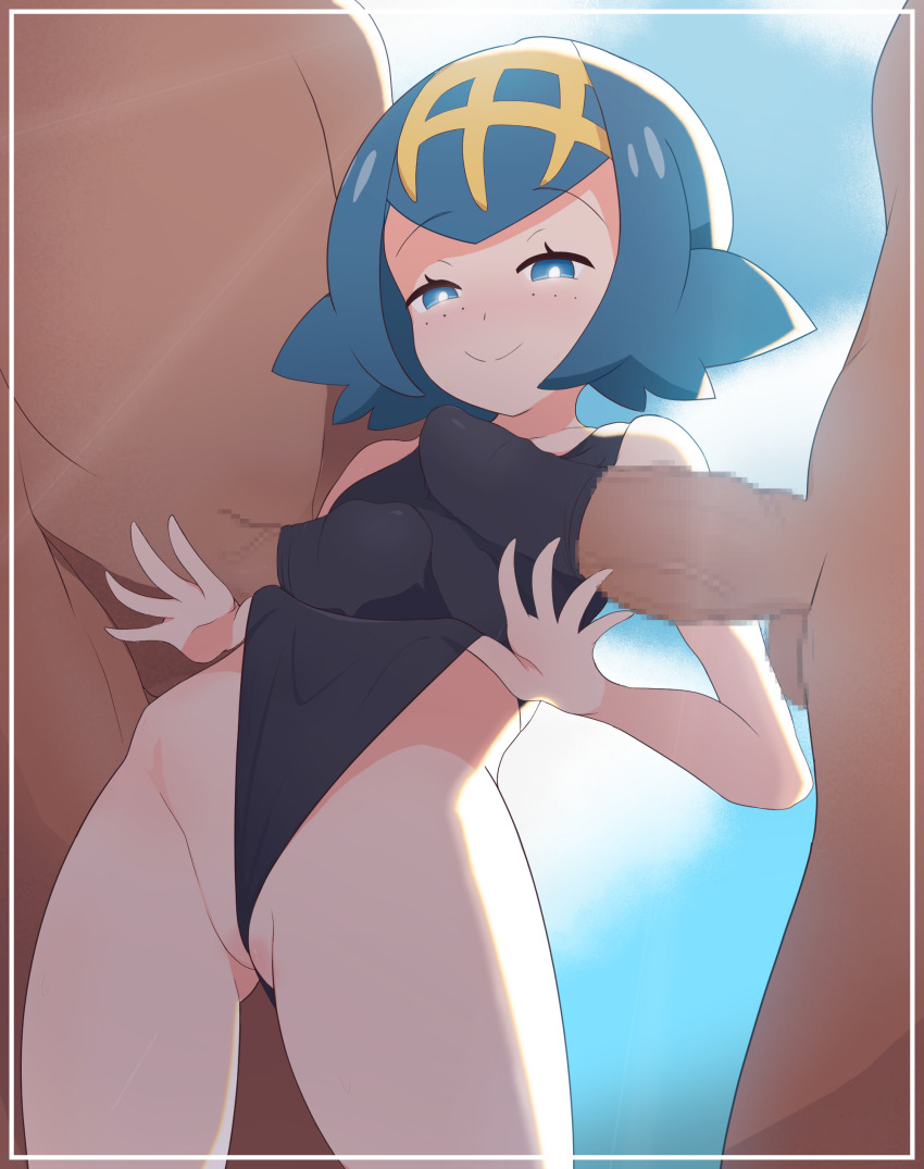 1girl 2boys absurdres age_difference black_one-piece_swimsuit blue_eyes blue_hair blue_one-piece_swimsuit blue_sky cameltoe censored cowboy_shot dark-skinned_male dark_skin day dbm dot_nose double_paizuri from_below group_sex hetero highres lana_(pokemon) loli looking_at_viewer looking_down matching_hair/eyes mmf_threesome mosaic_censoring multiple_boys naizuri naughty_face nintendo one-piece_swimsuit outdoors paizuri penis perpendicular_paizuri pokemon pokemon_sm short_hair size_difference sky smile solo_focus standing swimsuit threesome