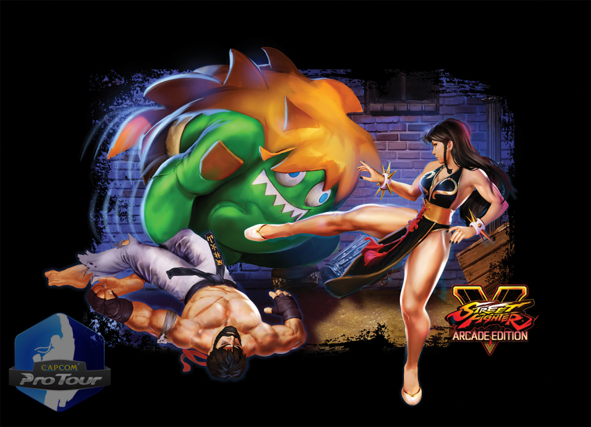 1girl 2boys alley alternate_costume alternate_hairstyle beard black_border black_dress black_hair blanka blanka-chan border bracelet braid breasts brick_wall brown_hair capcom china_dress chinese_clothes chun-li cleavage copyright_name dave_wilkins dress facial_hair fangs fingerless_gloves gloves hair_down headband headbutt jewelry leg_up logo mascot_costume multiple_boys muscular official_art orange_hair pectorals ryu_(street_fighter) spiked_bracelet spikes street_fighter street_fighter_v thick_thighs thighs toned toned_female topless_male trash_can unconscious