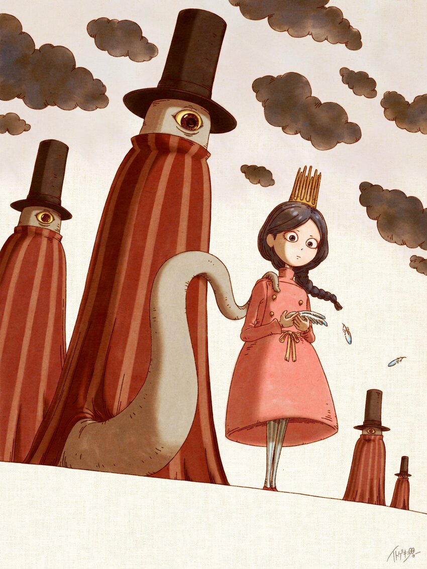 1girl 4others absurdres black_cloud black_hair black_hat braid braided_ponytail cloud colored_sclera crown dress feathers hat highres holding itogekijyo monster multiple_others one-eyed original outdoors pink_dress signature standing striped_leggings tentacles top_hat traditional_media yellow_sclera