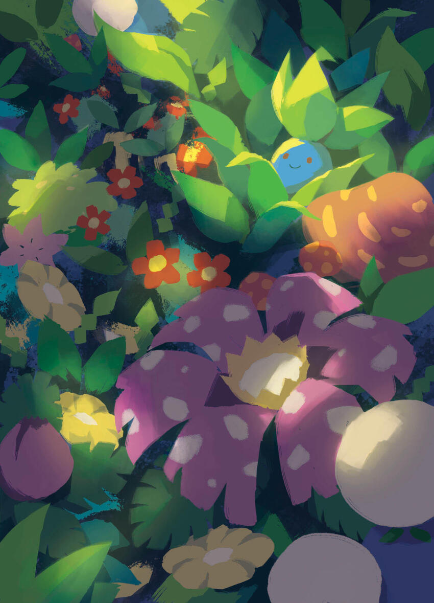 animal_focus bellossom camouflage_(behavior) chikorita commentary english_commentary flower game_freak gen_1_pokemon gen_2_pokemon gen_4_pokemon highres hoppip ivysaur jumpluff leaf legendary_pokemon mushroom mythical_pokemon nintendo no_humans oddish paras parasect pink_flower plant pokemon pokemon_(creature) red_eyes red_flower shaymin shaymin_(land) skiploom sunkern venusaur witbik