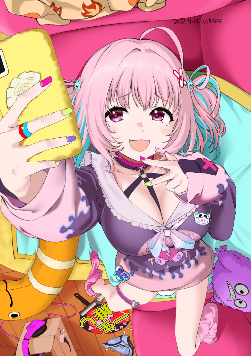 1girl :3 absurdres ahoge amazon_(company) bandaid bandaid_hair_ornament between_breasts blue_bow blue_hair bow box breasts cardboard_box cleavage collarbone couch crossed_bandaids dated gradient_bow hair_ornament headphones highres holding holding_phone idolmaster idolmaster_cinderella_girls itinana large_breasts light_blush long_sleeves looking_at_phone lying multicolored_hair no_pants o-ring o-ring_collar o-ring_thigh_strap on_back open_mouth panties phone pink_bow pink_hair pink_socks raised_eyebrows red_eyes selfie short_hair signature sleeves_past_wrists smile sock_dangle socks solo strap_between_breasts stuffed_animal stuffed_toy tearing_up thigh_strap two-tone_hair two_side_up underwear v white_panties yumemi_riamu