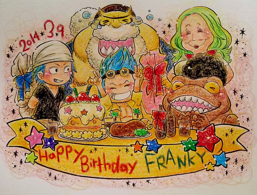 &gt;_&lt; beard birthday blue_hair blush brothers cake chibi double_v facial_hair family food franky_(one_piece) graphite_(medium) happy iceburg kokoro_(one_piece) mermaid monster monster_girl one_piece onexone siblings smile toad_(animal) tom_(one_piece) traditional_media v water_7