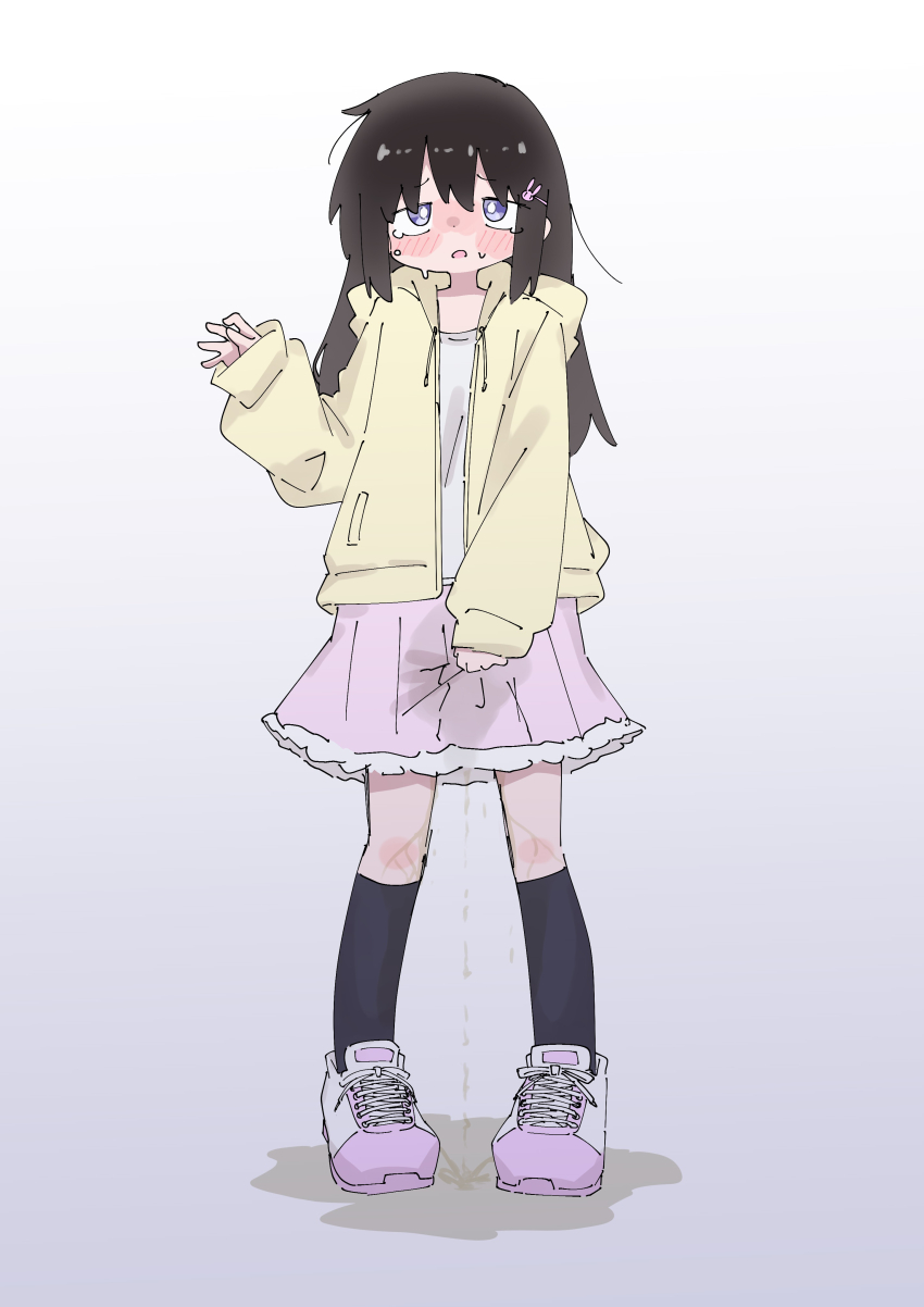 1girl animal_hair_ornament black_hair black_socks blue_eyes blush crotch_grab embarrassed flat_chest gradient_background grey_background grey_shirt hair_ornament hairclip hood hoodie kneehighs loli long_hair long_sleeves looking_at_viewer nukegara_(pixiv_46266320) open_clothes open_hoodie open_mouth original peeing peeing_self pink_skirt puddle rabbit_hair_ornament shirt shoes skirt sneakers socks standing sweat tears wet wet_clothes wet_skirt white_shoes yellow_hoodie