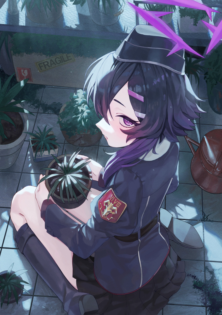 1girl absurdres black_skirt blue_archive boots flower_pot from_side garrison_cap hair_ornament hairclip halo haruka_(blue_archive) hat highres knee_boots leaf long_sleeves looking_at_viewer nefula14 plant potted_plant purple_eyes purple_hair purple_halo sitting skirt solo squatting thighs wariza