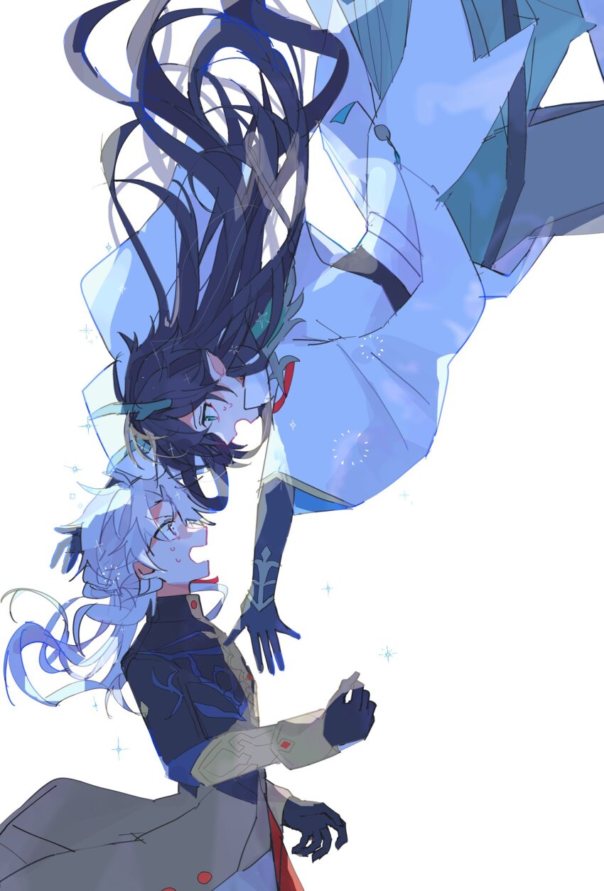 2boys backlighting black_coat black_gloves black_hair blade_(honkai:_star_rail) coat commentary_request dan_feng_(honkai:_star_rail) dan_heng_(honkai:_star_rail) dan_heng_(imbibitor_lunae)_(honkai:_star_rail) dragon_horns falling from_side gloves green_eyes highres honkai:_star_rail honkai_(series) horns j96s5k long_hair looking_up male_focus multiple_boys nervous red_eyes simple_background sparkle surprised white_background white_coat white_hair wide-eyed yingxing_(honkai:_star_rail)