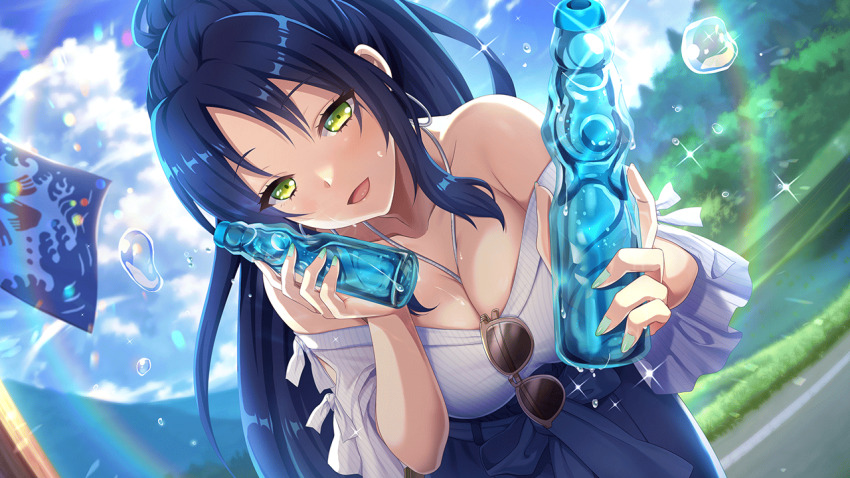 1girl aqua_nails bag bare_shoulders between_breasts bikini blue_hair blue_nails blue_skirt blue_sky blush bottle breasts bubble bubble_tea champagne_flute cleavage cloud cloudy_sky collarbone cup dana_darrell_domyoji deep_one_kyomu_to_mugen_no_fragment dress drink drinking_glass drinking_straw eyewear_hang fingernails foreshortening giving glint green_eyes green_nails halter_dress halterneck holding holding_bottle holding_drink jewelry large_breasts lens_flare long_hair looking_at_viewer nail_art nail_polish natsuhiko non-web_source o-ring open_mouth outdoors plunging_neckline ponytail rainbow ramune sidelocks skirt sky smile solo sparkle sunglasses swimsuit unworn_eyewear water water_bottle water_drop wet yellow_eyes