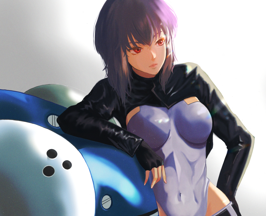 1girl absurdres black_gloves breasts covered_navel fingerless_gloves ghost_in_the_shell gloves highres kusanagi_motoko leaning_on_object leaning_to_the_side leotard medium_breasts mishima_nina solo strapless strapless_leotard tachikoma white_background white_leotard