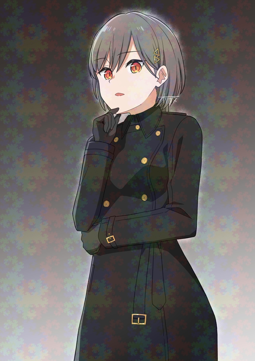 1girl absurdres adversarial_noise belt black_coat black_gloves breasts coat collared_coat commentary cowboy_shot gloves gradient_background grey_background grey_hair hair_ornament highres katsuragi_izumi link!_like!_love_live! long_belt long_hair long_sleeves love_live! medium_breasts ohrinas open_mouth orange_eyes slit_pupils solo triangle_hair_ornament wolf_cut