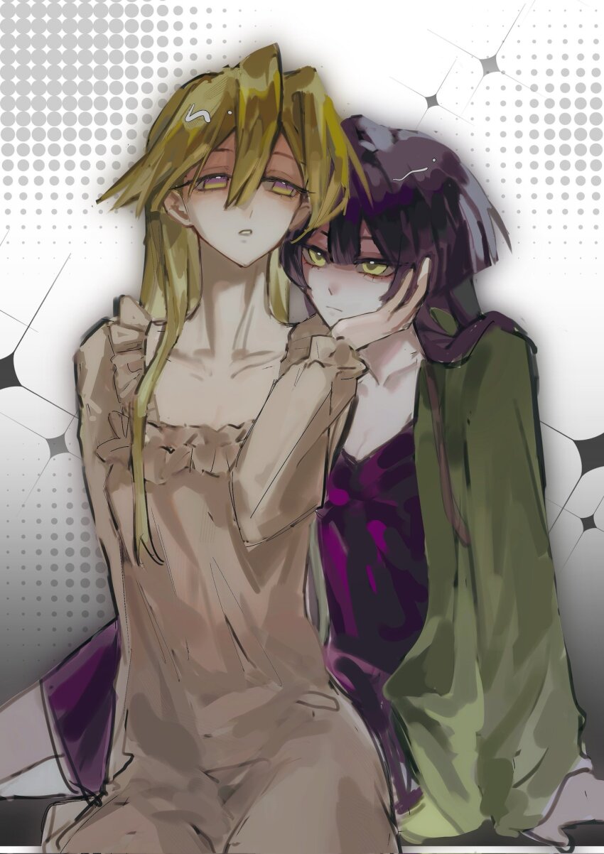 2girls angou_gakuen_no_iroha blonde_hair brown_dress closed_mouth commentary_request commission dress fivef55555 hand_on_another&#039;s_face highres long_hair multiple_girls parted_lips purple_dress purple_hair sitting skeb_commission toshusai_kyora yellow_eyes yugata_tayu yuri