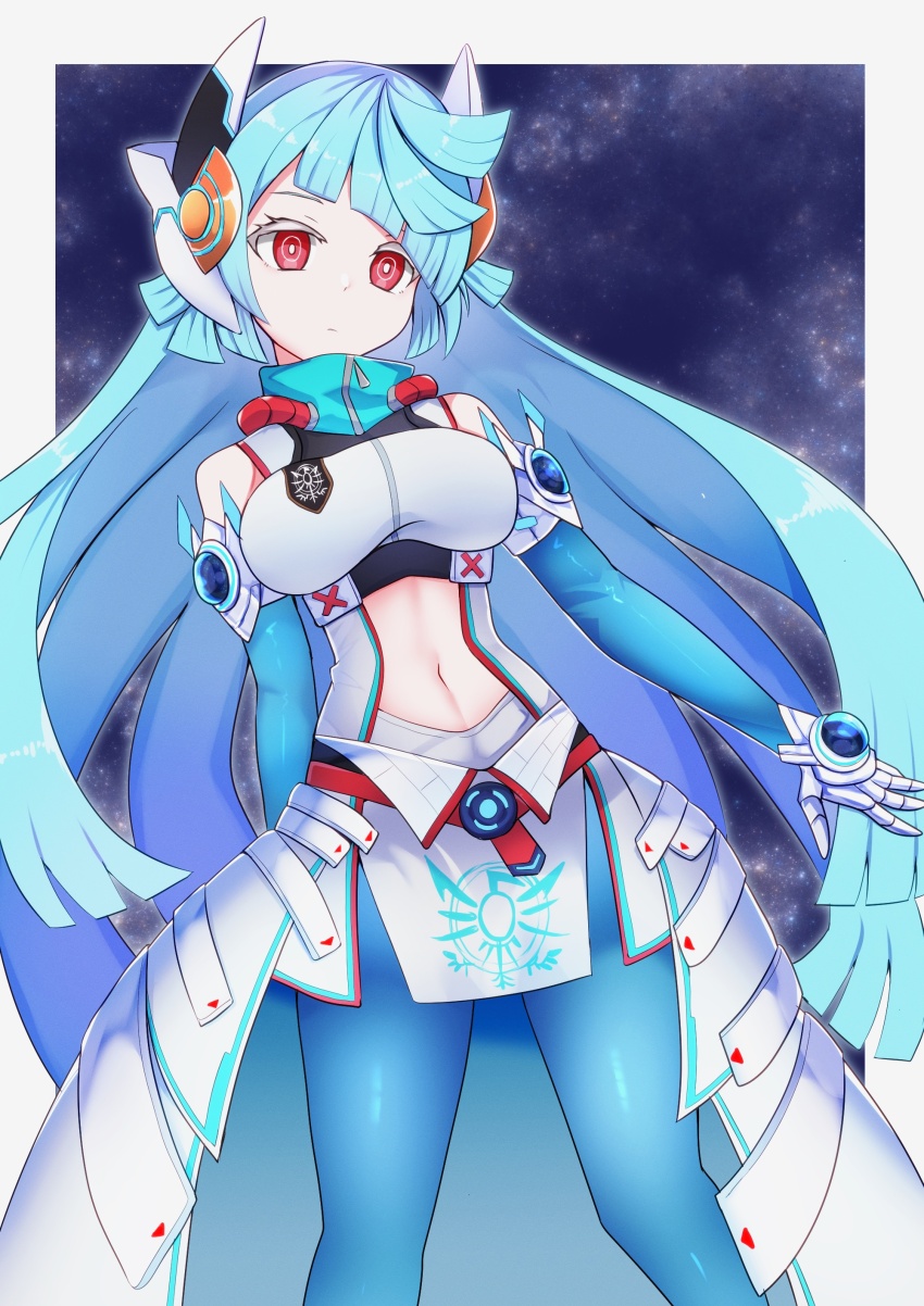 1girl absurdres adamski_s-rank_space aqua_hair bare_shoulders breasts closed_mouth detached_sleeves duel_masters duel_masters_play&#039;s expressionless highres long_hair maruq_2826 medium_breasts navel pantyhose red_eyes very_long_hair