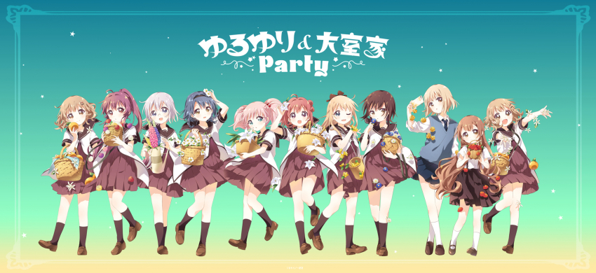 6+girls ahoge akaza_akari aqua_background aqua_eyes arm_up basket black_hair black_hairband black_sailor_collar black_skirt black_socks blonde_hair blue_eyes blue_flower blue_hair blue_necktie blue_skirt blue_sweater_vest bow braid brown_bow brown_eyes brown_footwear brown_hair cellphone closed_mouth collared_shirt double_bun dress dual_persona fang flower flower_basket food fruit fruit_basket funami_yui furutani_himawari glasses gradient_background grey_hair hair_bobbles hair_bow hair_bun hair_intakes hair_ornament hairband hairclip highres holding holding_basket holding_flower holding_food holding_fruit holding_phone holding_vase ikeda_chitose leg_up light_brown_hair lily_(flower) loafers long_hair mary_janes multiple_girls namori nanamori_school_uniform necktie official_art one_eye_closed oomuro-ke oomuro_hanako oomuro_nadeshiko oomuro_sakurako open_mouth orange_(fruit) outstretched_arms parallel_hairclips parted_lips phone pink_hair pleated_dress pleated_skirt ponytail purple_eyes purple_flower purple_hair purple_rose red_dress red_flower red_hair red_rose rose sailor_collar school_uniform second-party_source shirt shoes short_hair skirt smartphone smile socks spread_arms star_(symbol) sugiura_ayano summer_uniform suspender_skirt suspenders sweater_vest toshinou_kyouko twin_braids twintails v-shaped_eyebrows very_short_hair wavy_hair white_flower white_lily white_rose white_shirt white_socks yellow_background yellow_flower yellow_rose yoshikawa_chinatsu yuruyuri