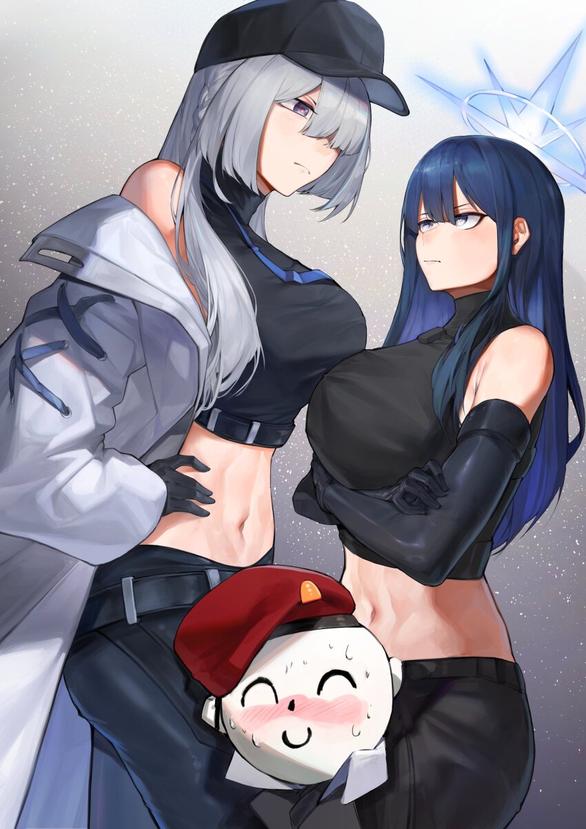 1boy 2girls absurdres ak-15_(girls&#039;_frontline) ak-15_(girls&#039;_frontline)_(cosplay) alternate_costume doodle_sensei_(blue_archive) baseball_cap beret black_gloves black_hair black_pants blue_archive blush braid breasts chadlink coat colored_inner_hair commander_(girls&#039;_frontline) cosplay costume_switch crossed_legs elbow_pads girls&#039;_frontline gloves gradient_background grey_background grey_eyes grey_hair hair_between_eyes halo hat height_difference highres large_breasts long_hair long_sleeves looking_at_another multicolored_hair multiple_girls navel nervous_sweating open_clothes open_coat pants saori_(blue_archive) saori_(blue_archive)_(cosplay) sensei_(blue_archive) sidelocks simple_background single_braid sleeveless smile stomach sweat tank_top trait_connection turtleneck two-tone_background two-tone_hair white_coat